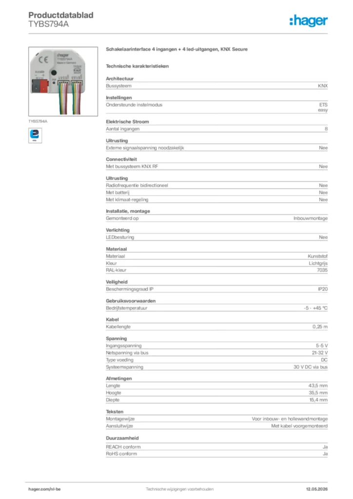 Afbeelding Hager Productdatablad TYBS794A | Hager Belgium