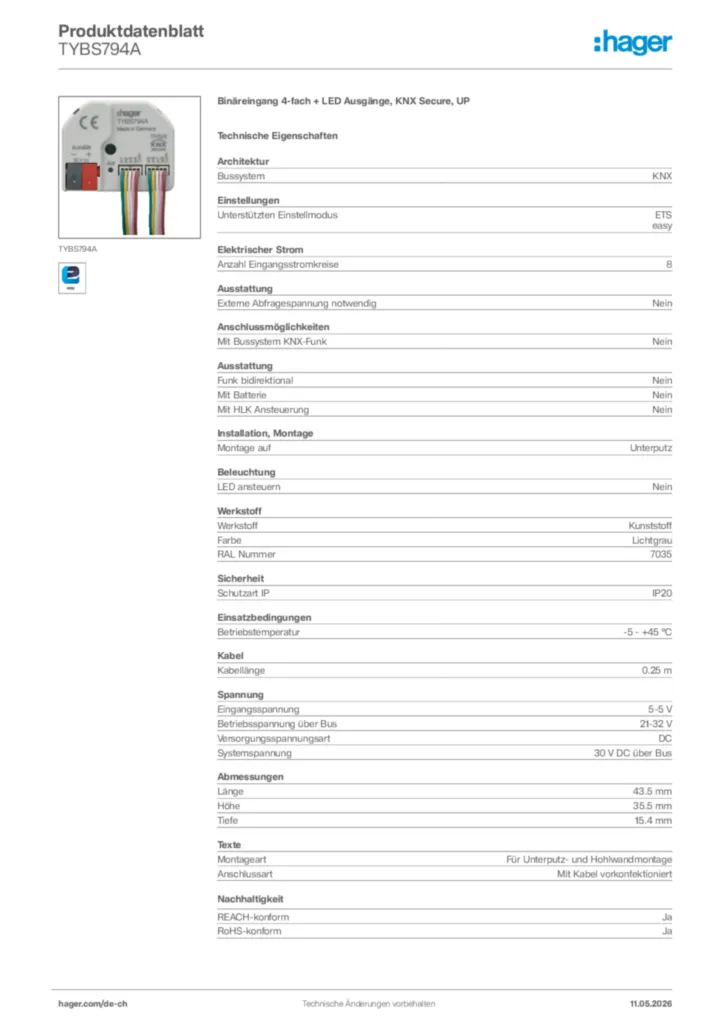 Bild Hager Produktdatenblatt TYBS794A | Hager Schweiz