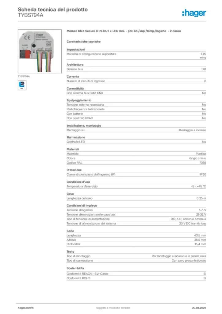 Immagine Hager Scheda tecnica del prodotto TYBS794A | Hager Italia