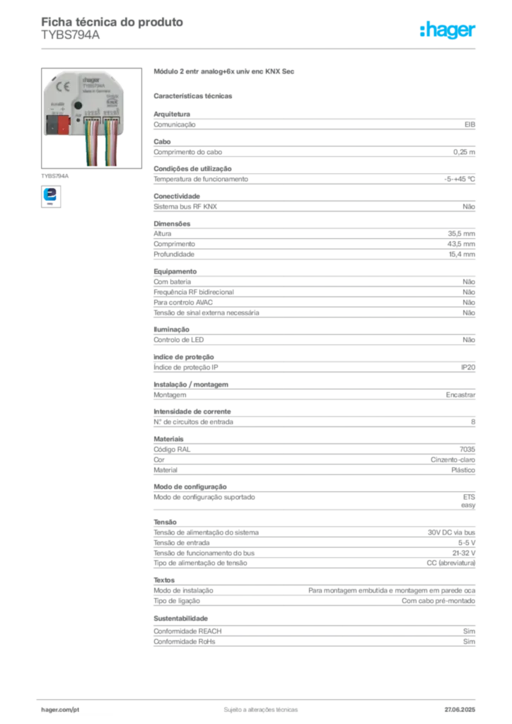 Imagem Hager Ficha técnica do produto TYBS794A | Hager Portugal