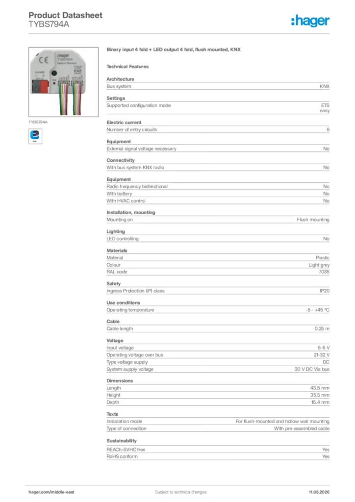 Image Hager Product data sheet TYBS794A  | Hager