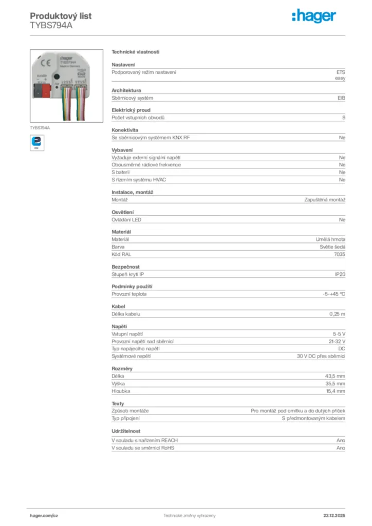 Obrázek Hager Product data sheet TYBS794A | Hager