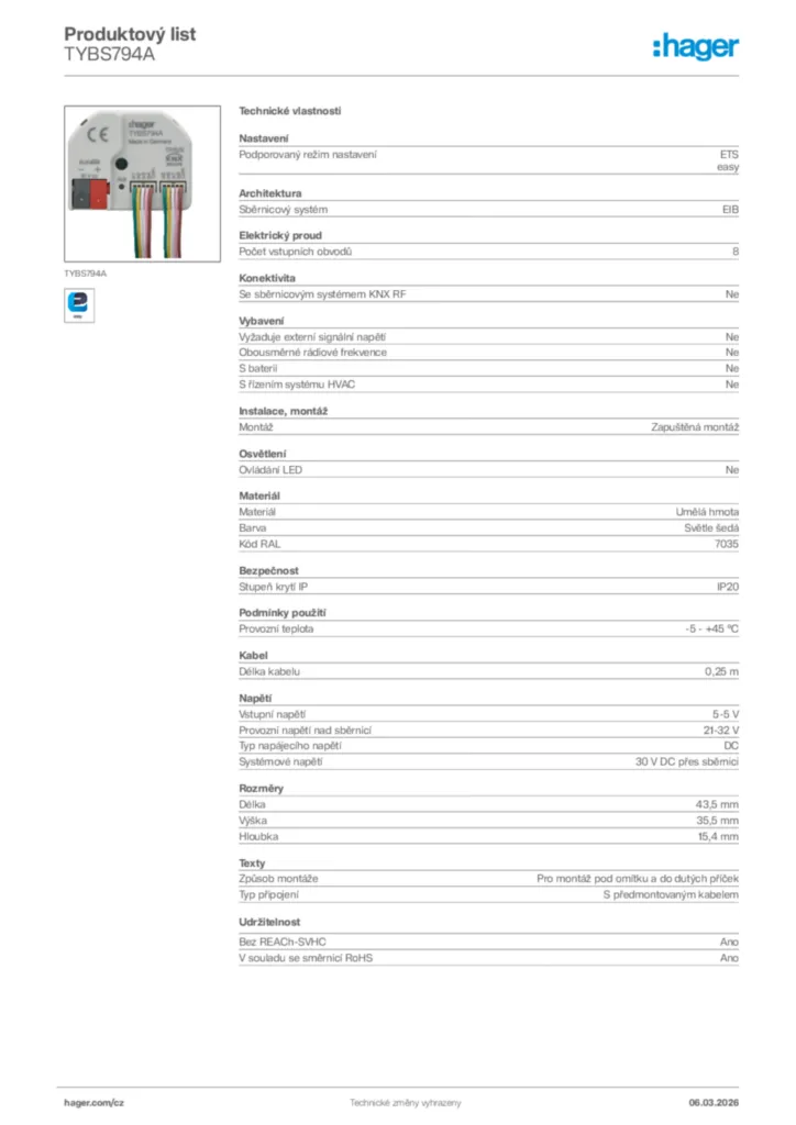 Obrázek Hager Product data sheet TYBS794A | Hager