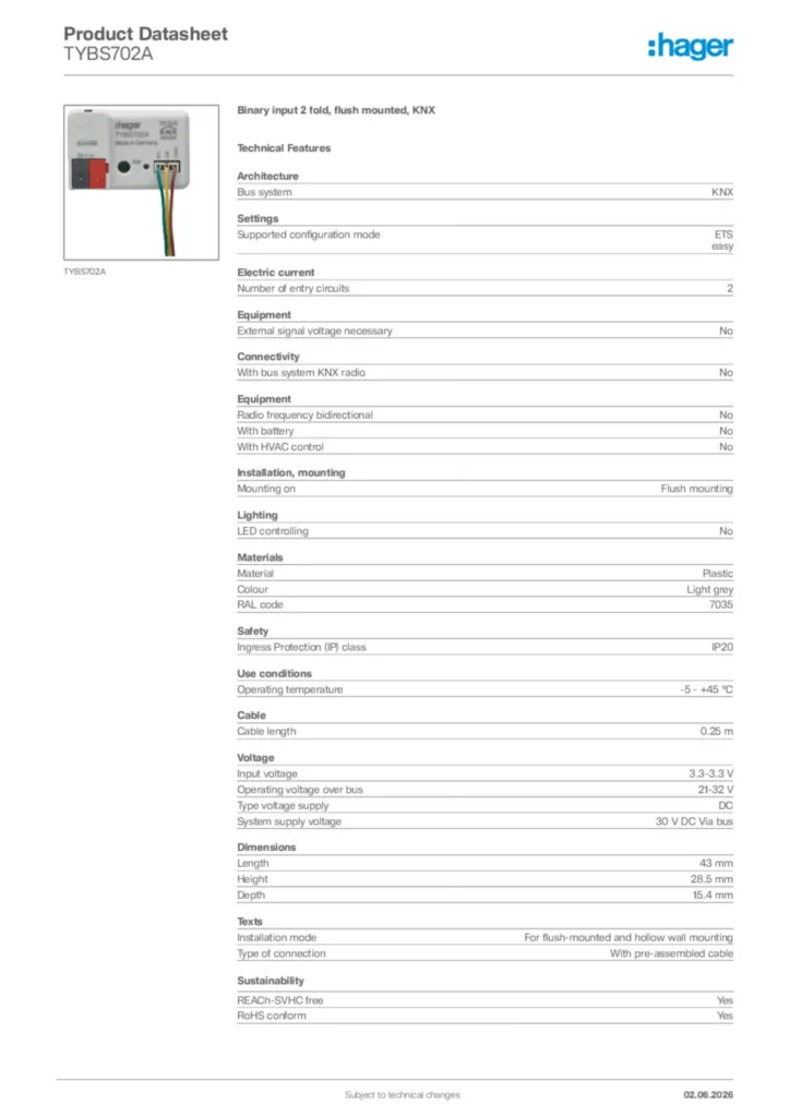 Image Hager Product data sheet TYBS702A  | Hager Africa