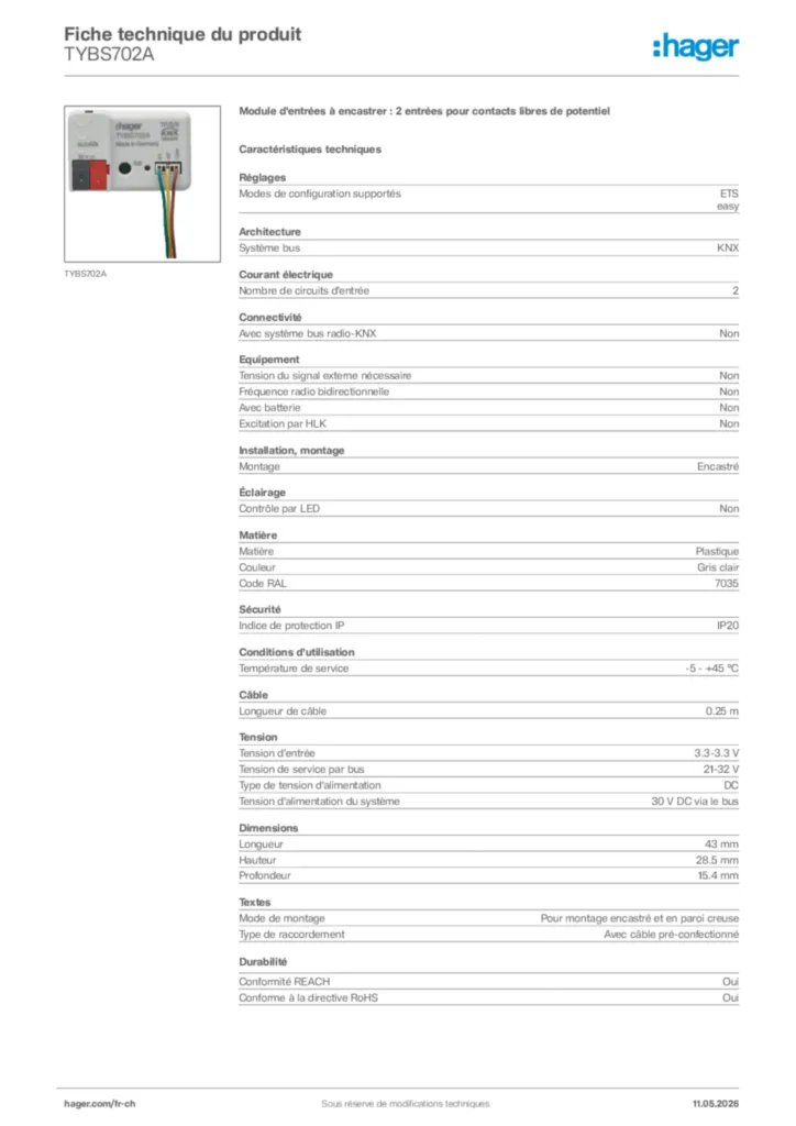 Image Hager Fiche technique du produit TYBS702A | Hager Suisse