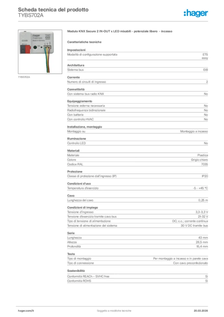 Immagine Hager Scheda tecnica del prodotto TYBS702A | Hager Italia