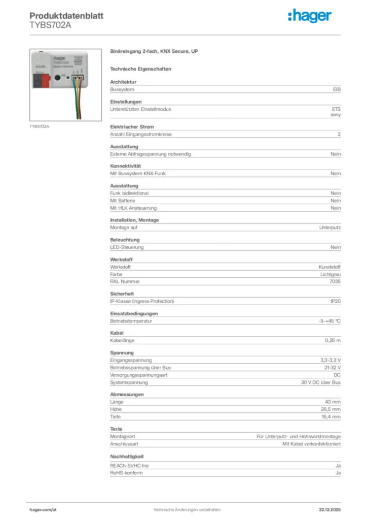 Bild Hager Produktdatenblatt TYBS702A | Hager Deutschland
