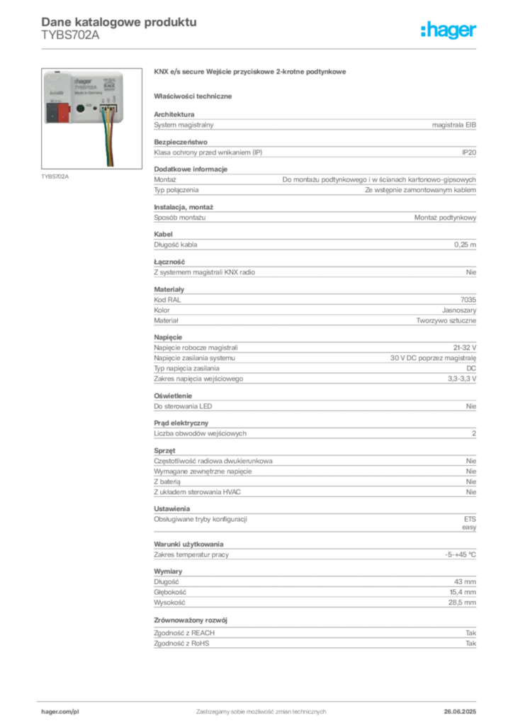 Zdjęcie Hager Dane katalogowe produktu TYBS702A | Hager Polska