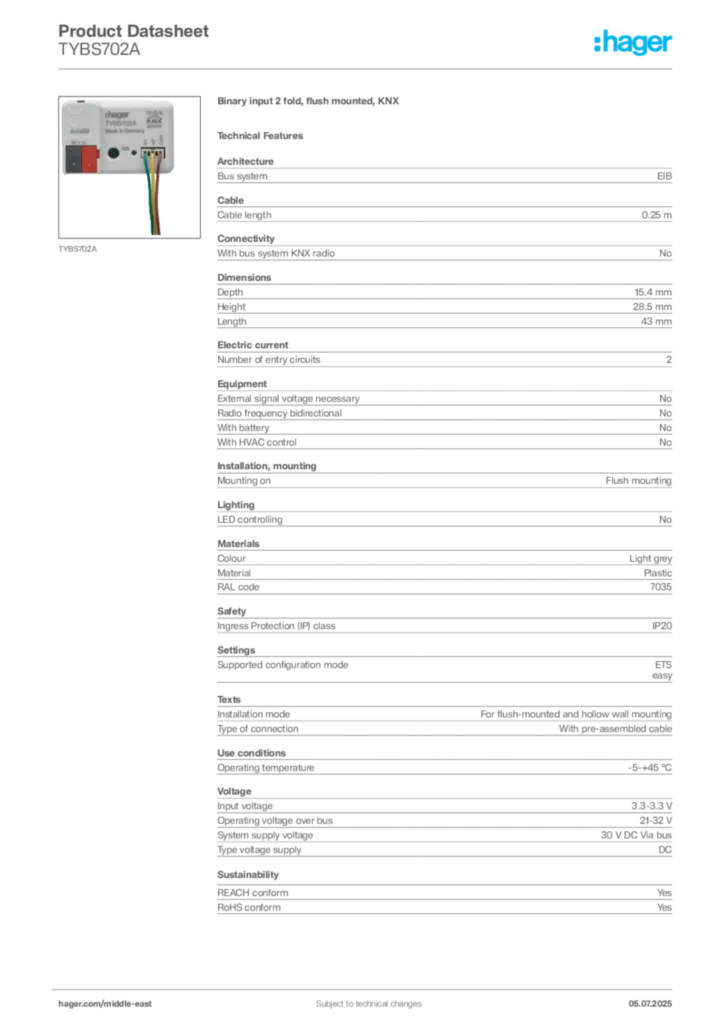 Image Hager Product data sheet TYBS702A  | Hager
