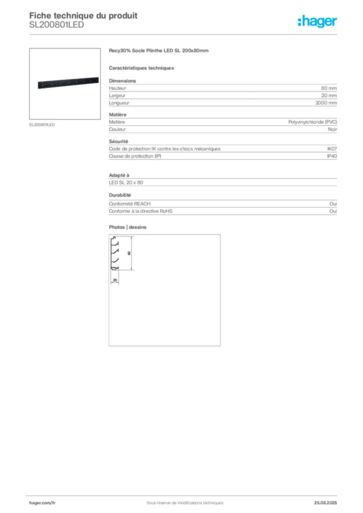 Image Hager Fiche technique du produit SL200801LED | Hager France