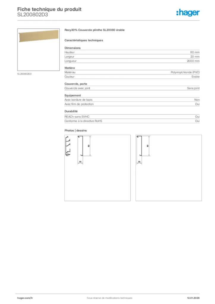 Image Hager Fiche technique du produit SL200802D3 | Hager France