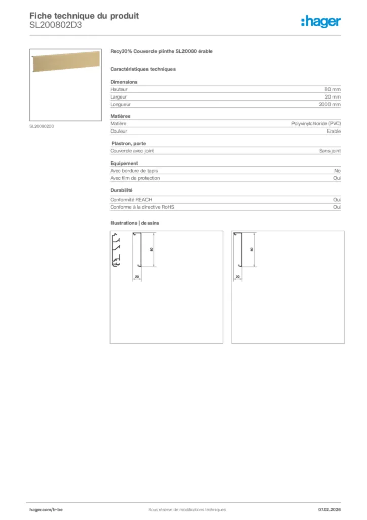 Image Hager Fiche technique du produit SL200802D3 | Hager Belgique