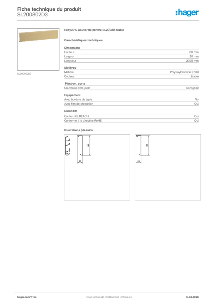 Image Hager Fiche technique du produit SL200802D3 | Hager Belgique