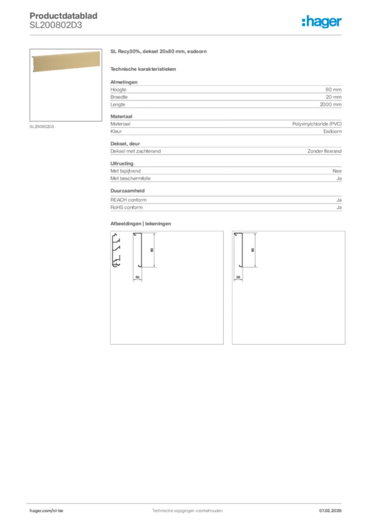 Afbeelding Hager Productdatablad SL200802D3 | Hager Belgium