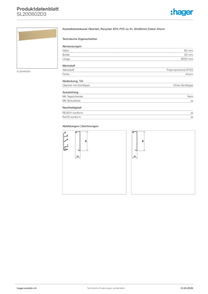 Bild Hager Produktdatenblatt SL200802D3 | Hager Schweiz