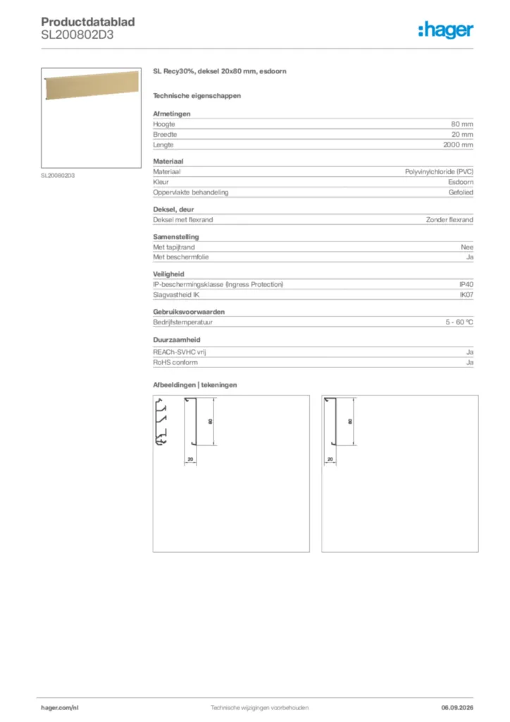 Afbeelding Hager Productdatablad SL200802D3 | Hager Nederland