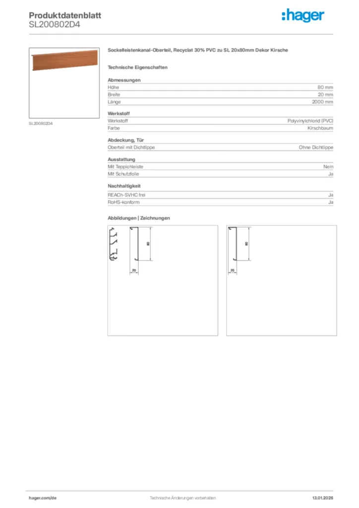 Bild Hager Produktdatenblatt SL200802D4 | Hager Deutschland