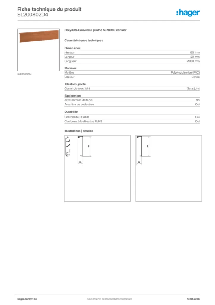 Image Hager Fiche technique du produit SL200802D4 | Hager Belgique
