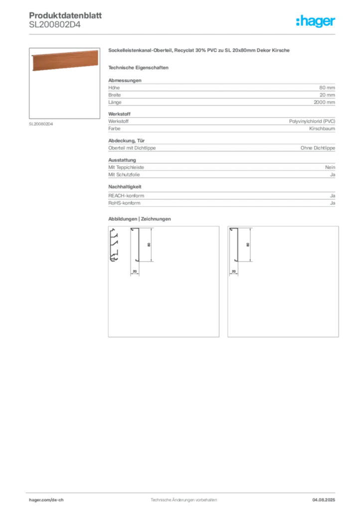 Bild Hager Produktdatenblatt SL200802D4 | Hager Schweiz