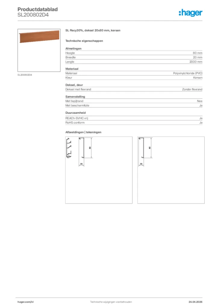 Afbeelding Hager Productdatablad SL200802D4 | Hager Nederland