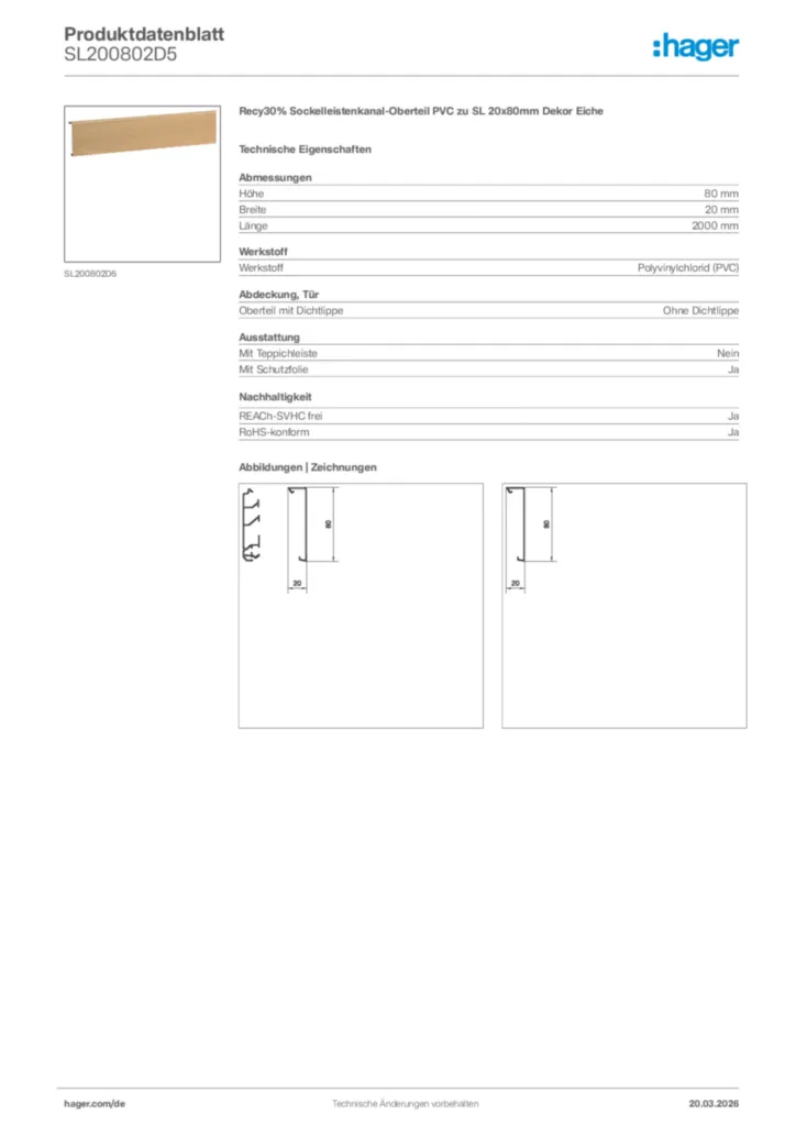 Bild Hager Produktdatenblatt SL200802D5 | Hager Deutschland