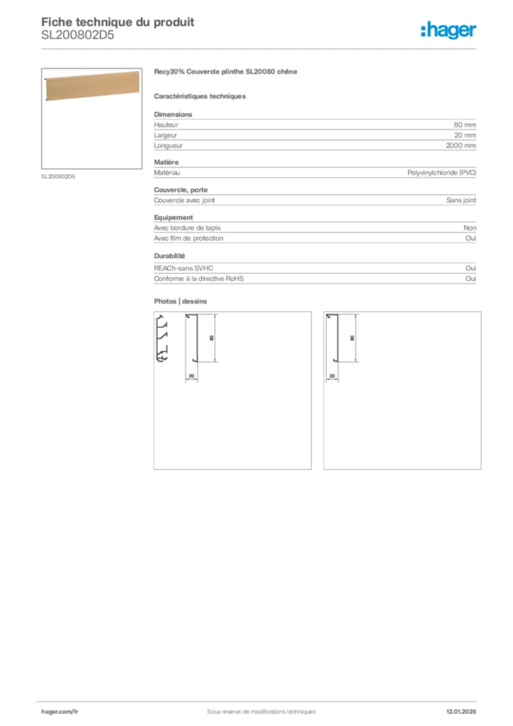 Image Hager Fiche technique du produit SL200802D5 | Hager France