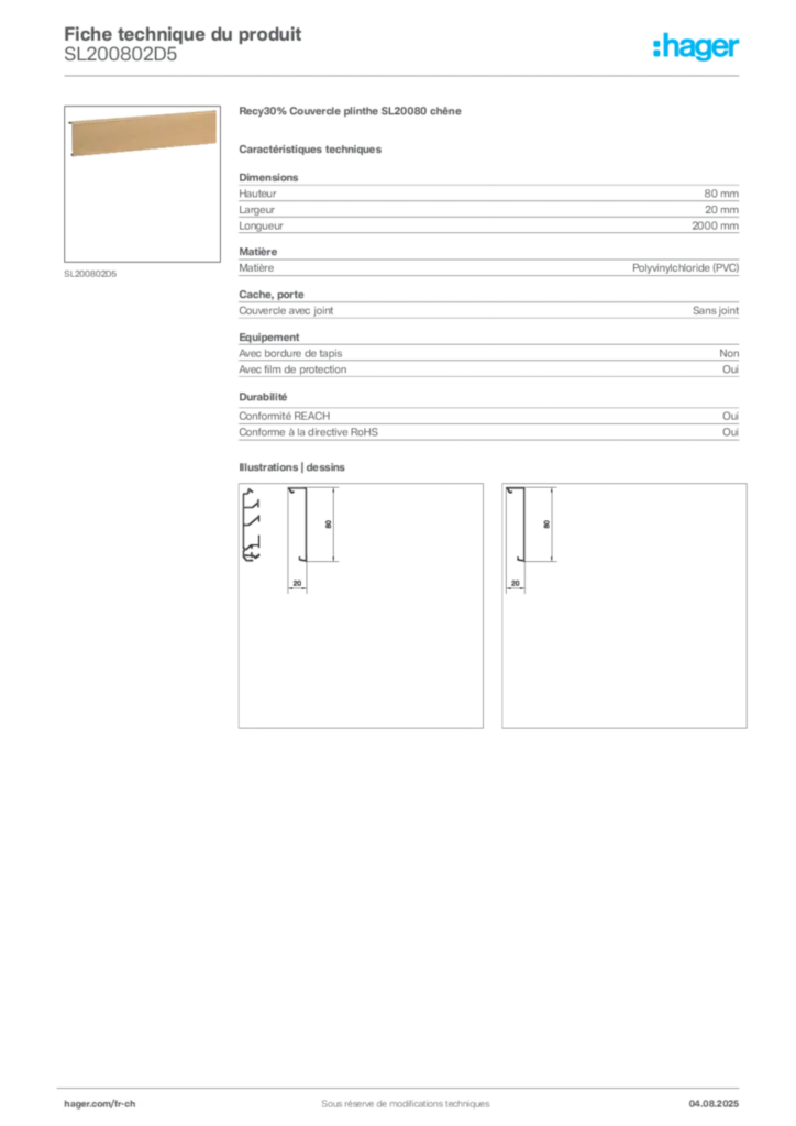 Image Hager Fiche technique du produit SL200802D5 | Hager Suisse