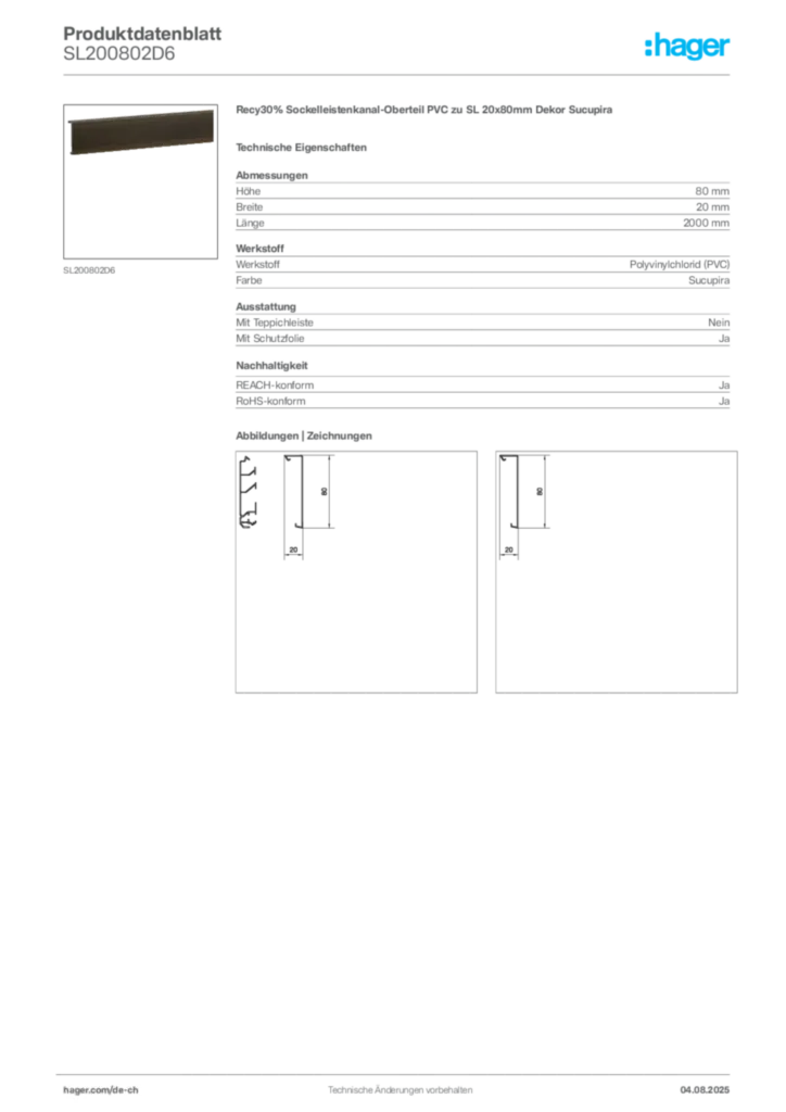 Bild Hager Produktdatenblatt SL200802D6 | Hager Schweiz