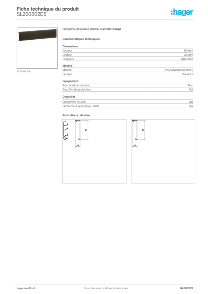 Image Hager Fiche technique du produit SL200802D6 | Hager Suisse