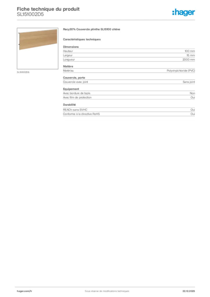 Image Hager Fiche technique du produit SL151002D5 | Hager France