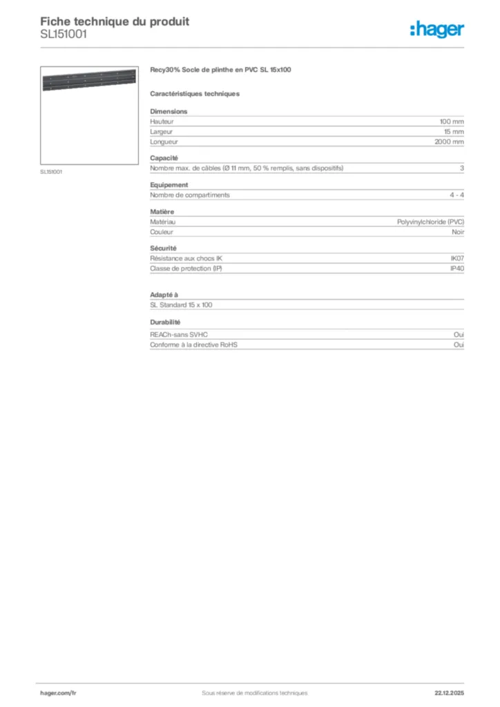 Image Hager Fiche technique du produit SL151001 | Hager France