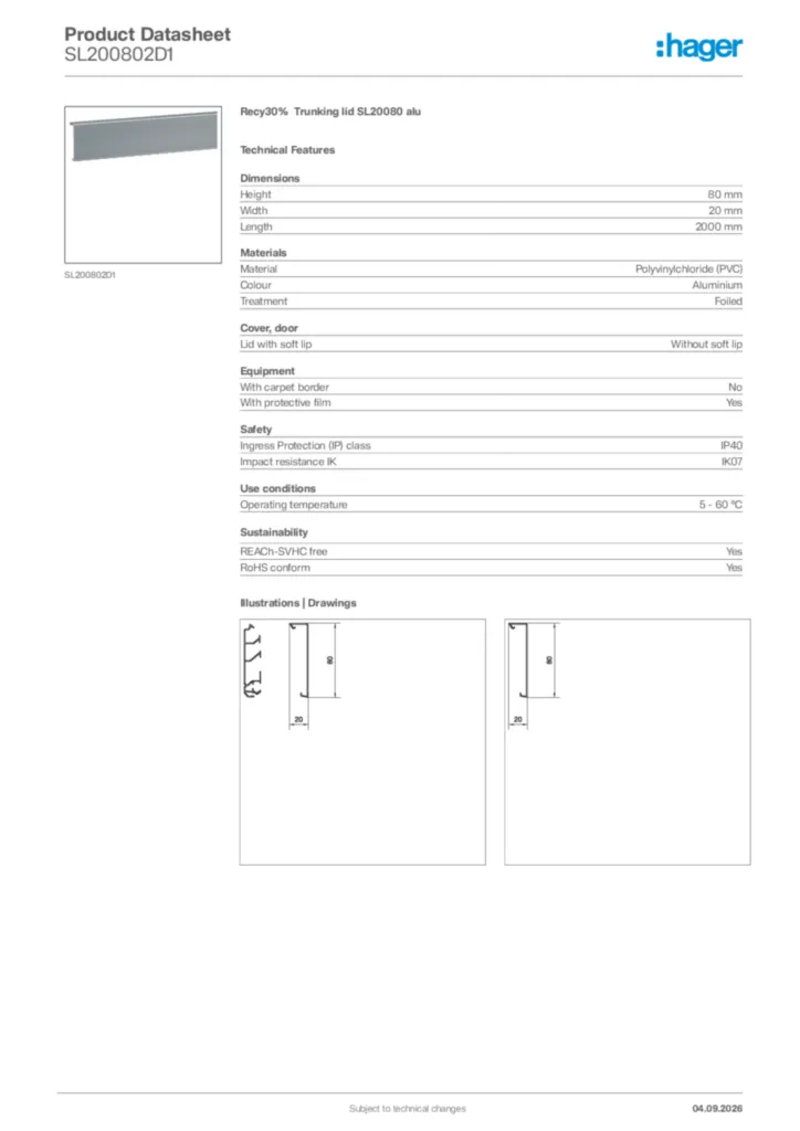 Image Hager Product data sheet SL200802D1  | Hager Africa
