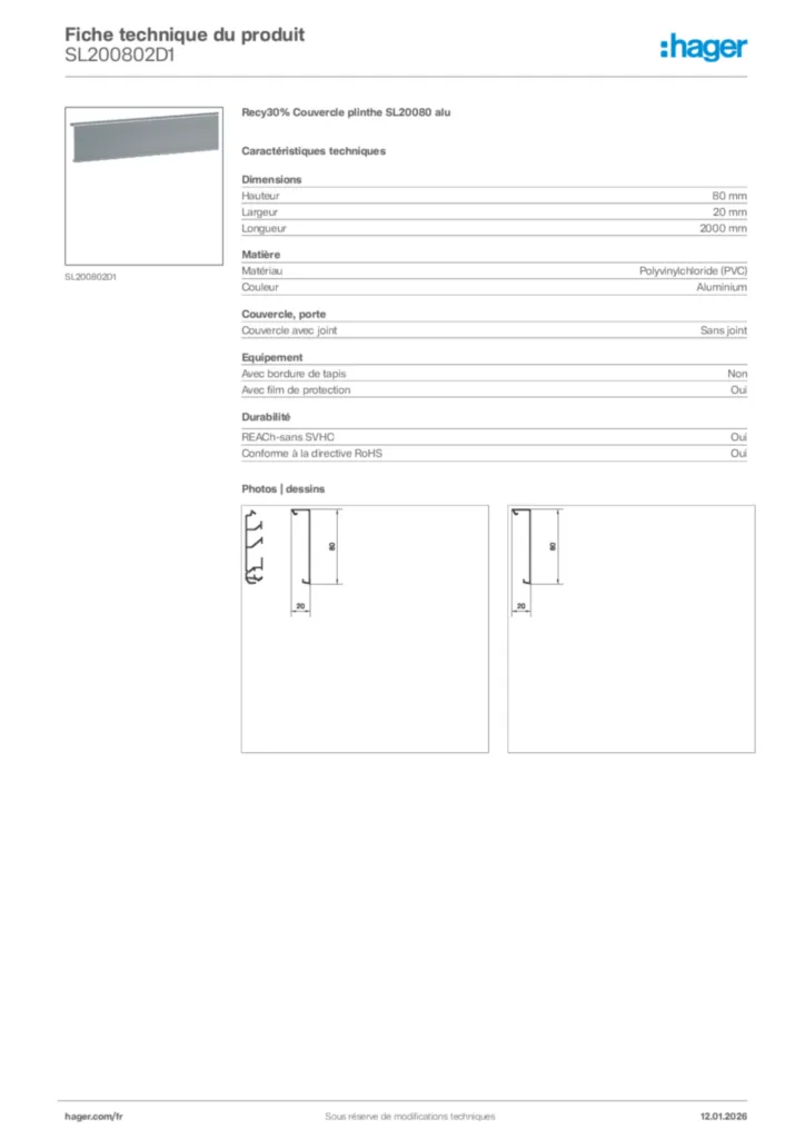 Image Hager Fiche technique du produit SL200802D1 | Hager France
