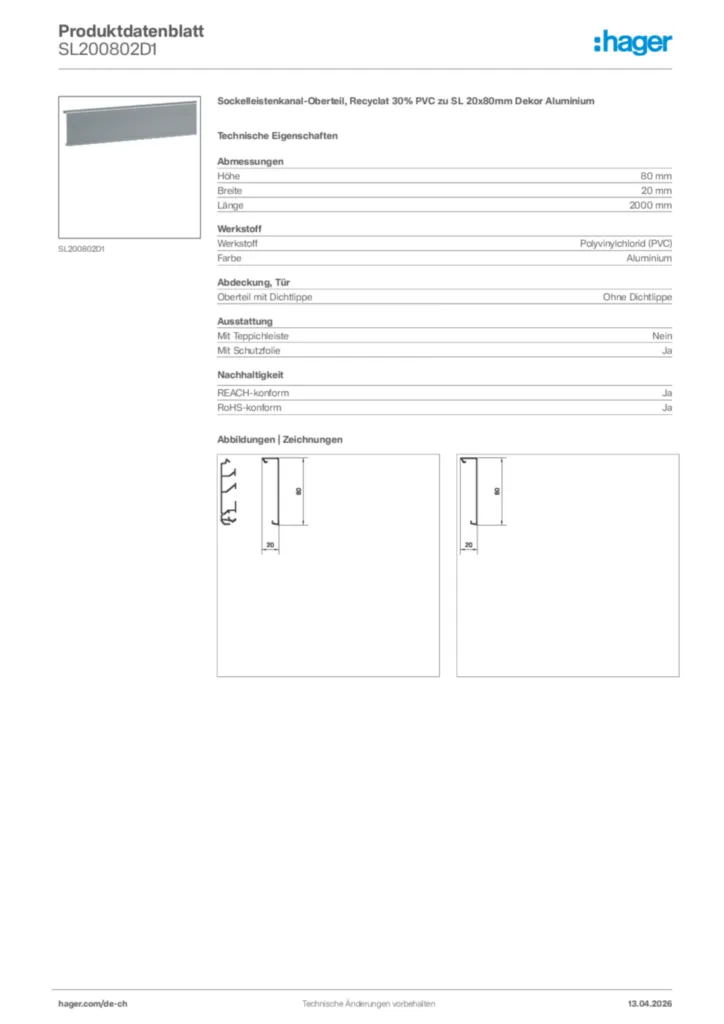 Bild Hager Produktdatenblatt SL200802D1 | Hager Schweiz