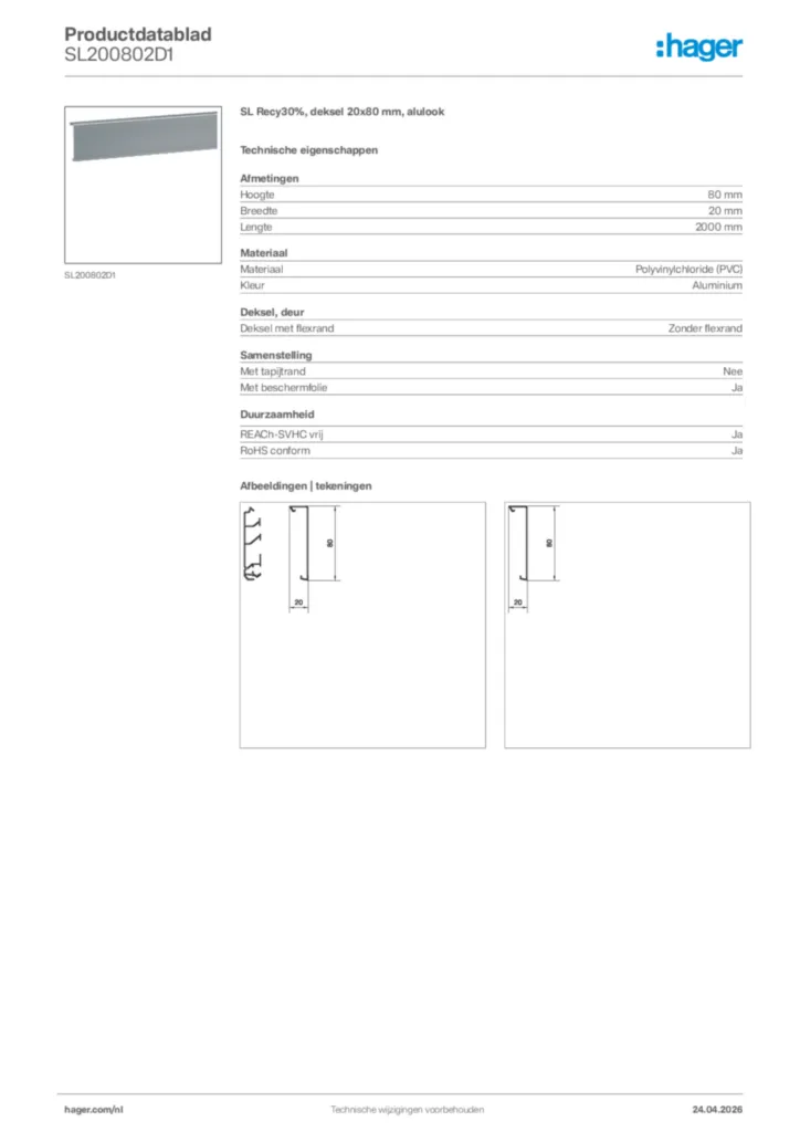 Afbeelding Hager Productdatablad SL200802D1 | Hager Nederland