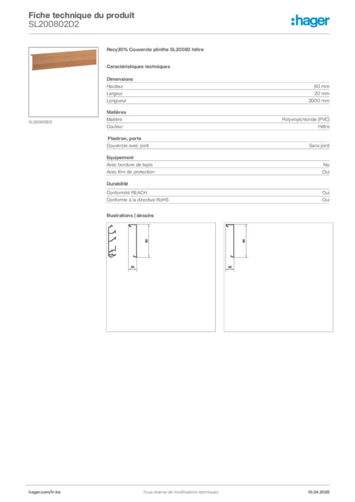 Image Hager Fiche technique du produit SL200802D2 | Hager Belgique