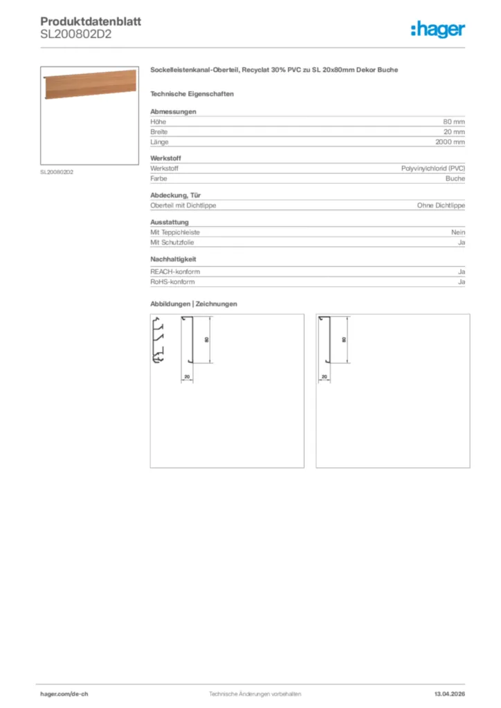 Bild Hager Produktdatenblatt SL200802D2 | Hager Schweiz