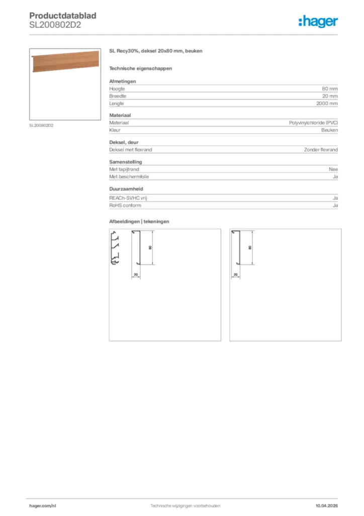 Afbeelding Hager Productdatablad SL200802D2 | Hager Nederland