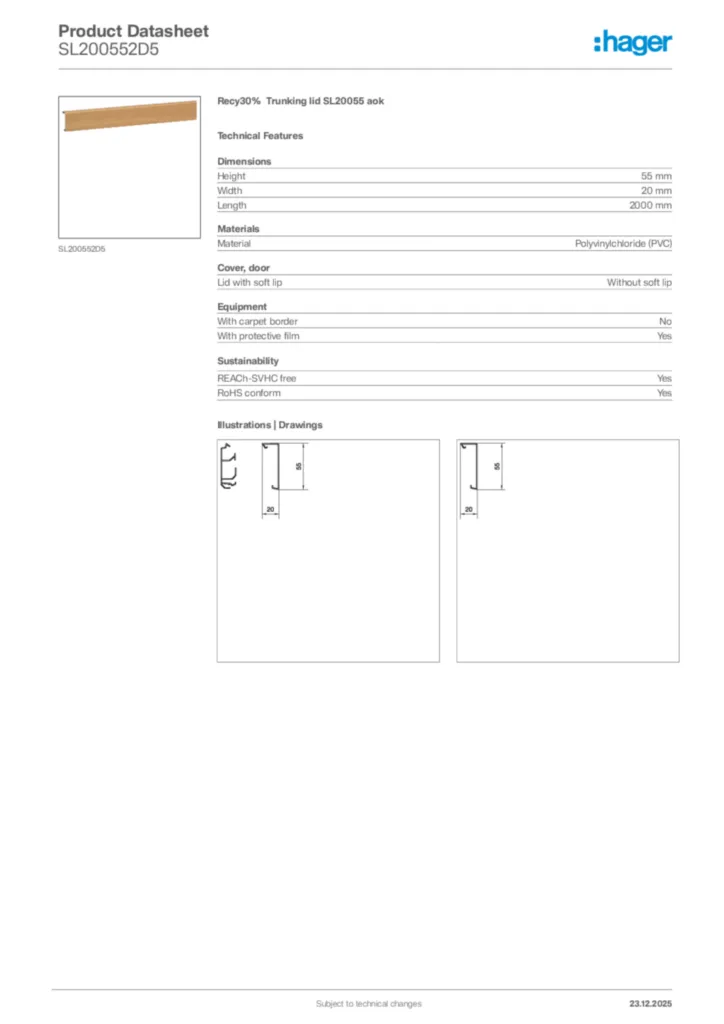 Image Hager Product data sheet SL200552D5  | Hager Africa