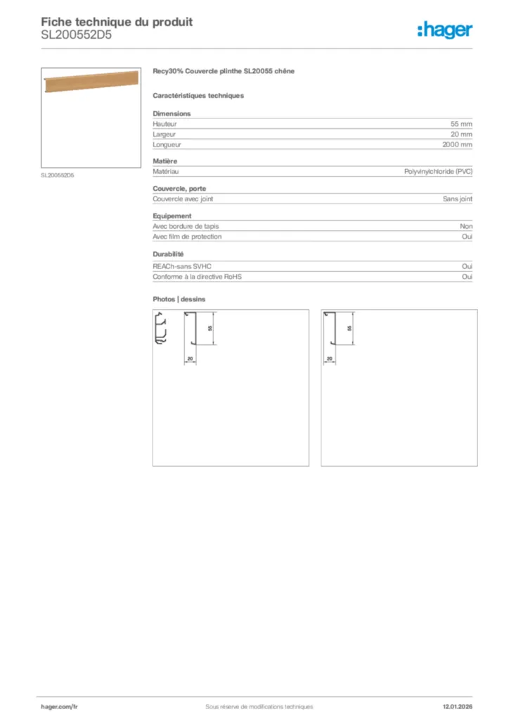 Image Hager Fiche technique du produit SL200552D5 | Hager France