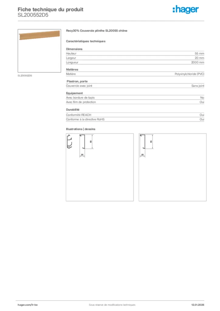 Image Hager Fiche technique du produit SL200552D5 | Hager Belgique