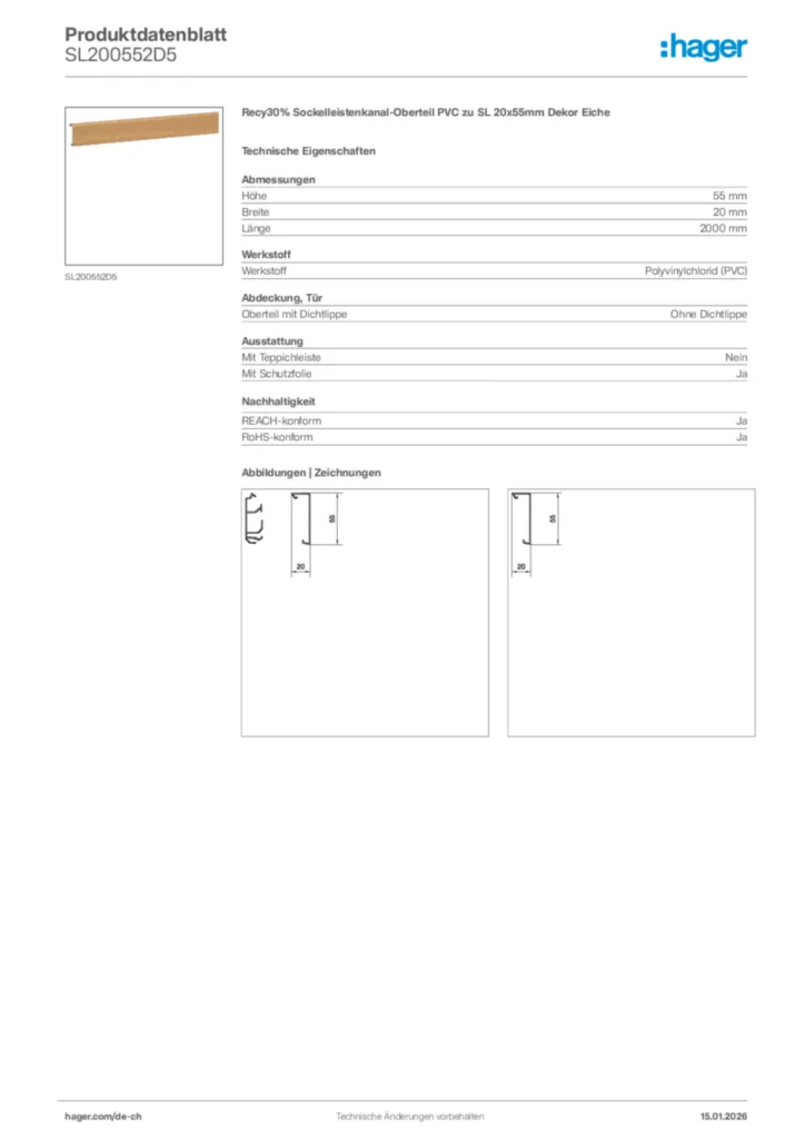 Bild Hager Produktdatenblatt SL200552D5 | Hager Schweiz
