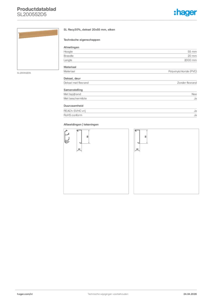 Afbeelding Hager Productdatablad SL200552D5 | Hager Nederland