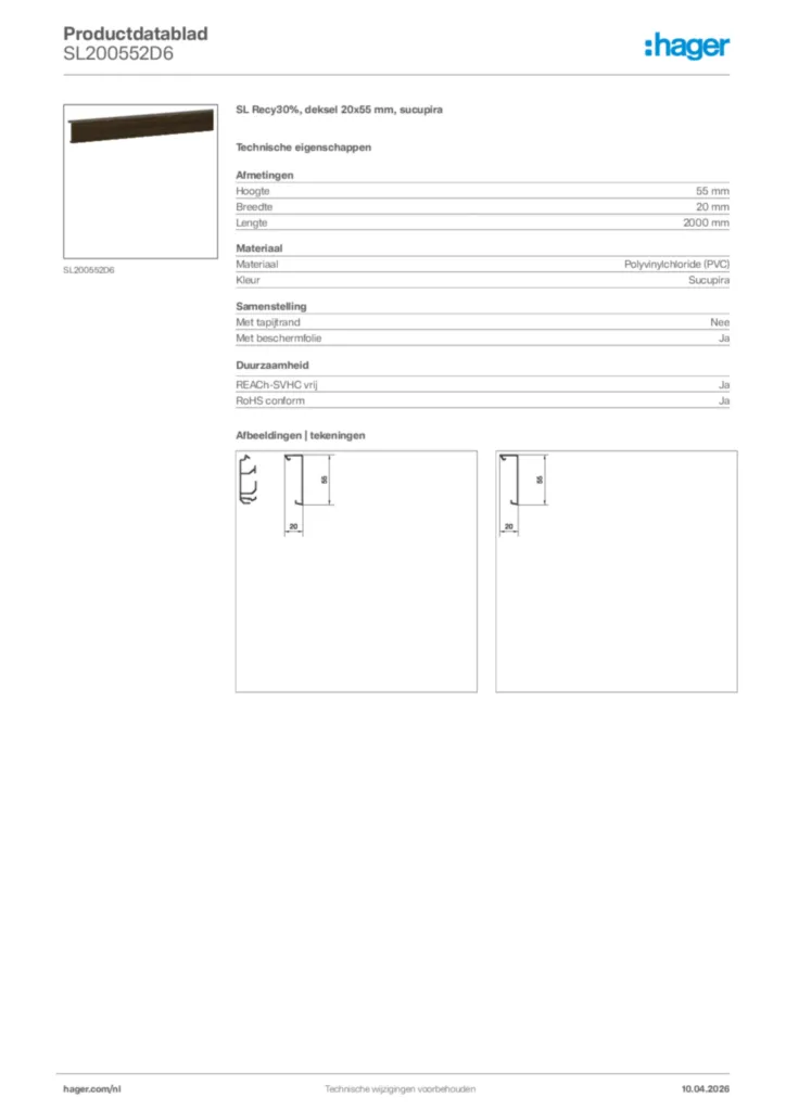 Afbeelding Hager Productdatablad SL200552D6 | Hager Nederland