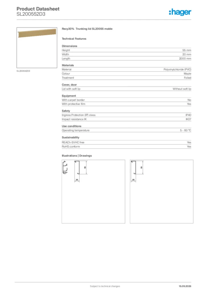 Image Hager Product data sheet SL200552D3  | Hager Africa