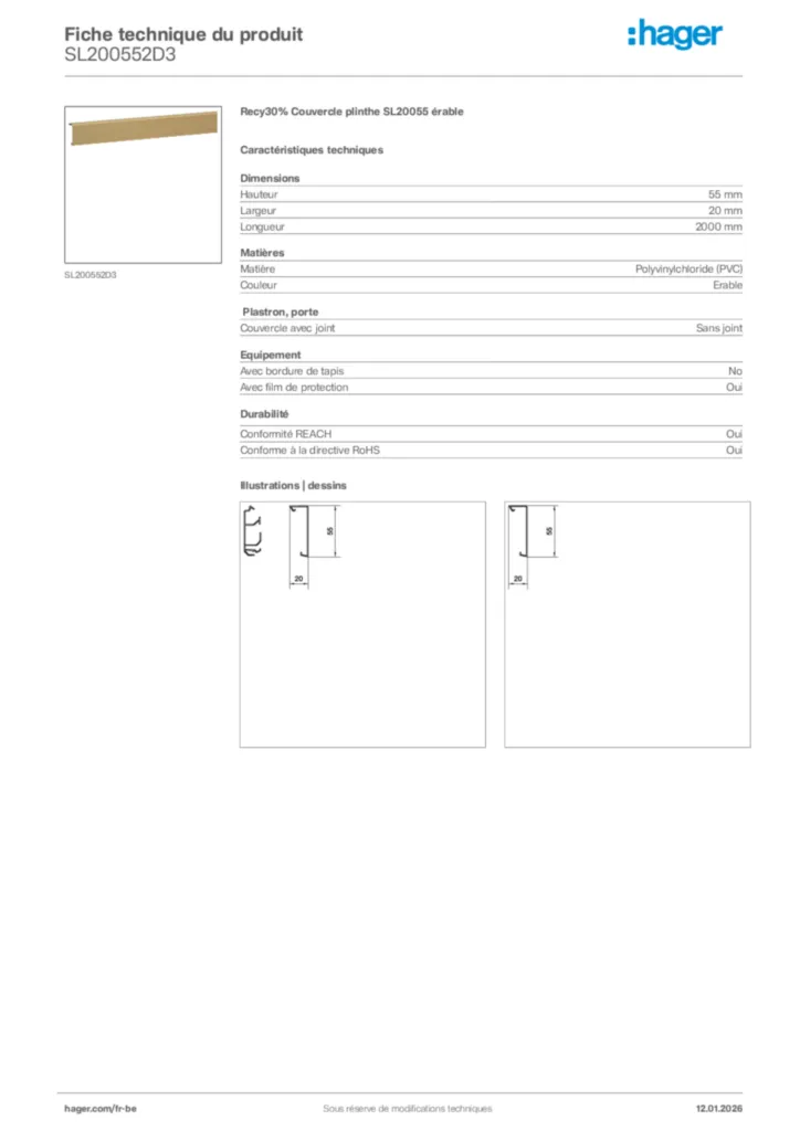 Image Hager Fiche technique du produit SL200552D3 | Hager Belgique