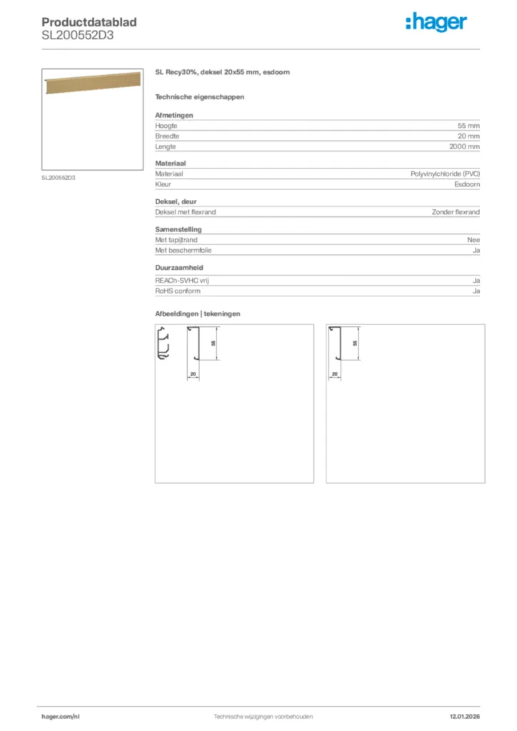 Afbeelding Hager Productdatablad SL200552D3 | Hager Nederland