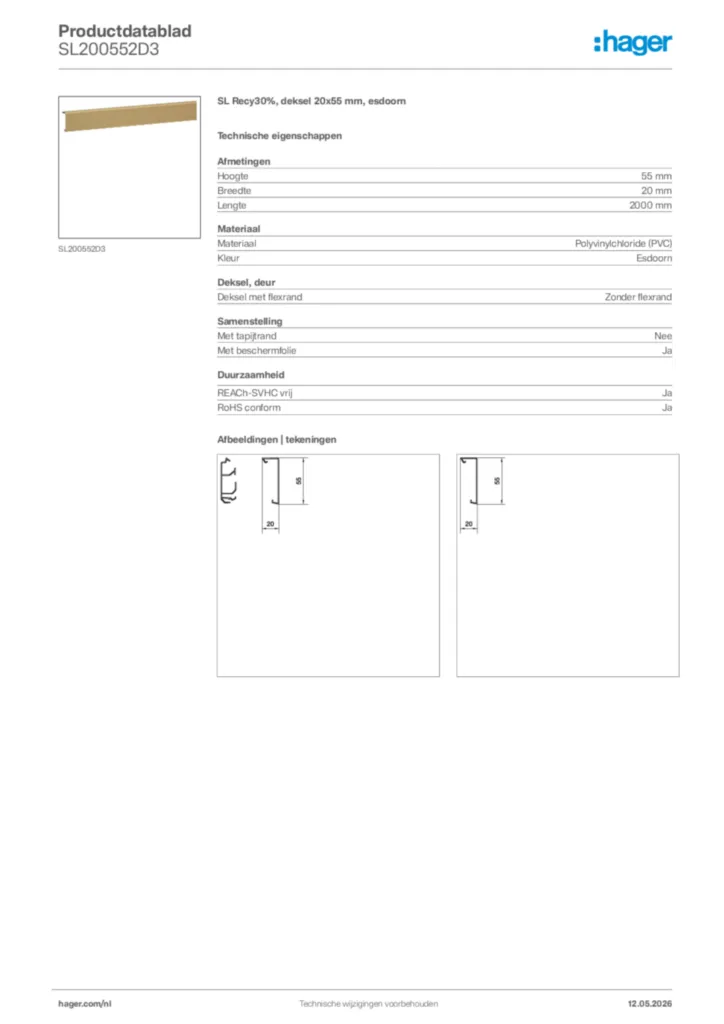 Afbeelding Hager Productdatablad SL200552D3 | Hager Nederland
