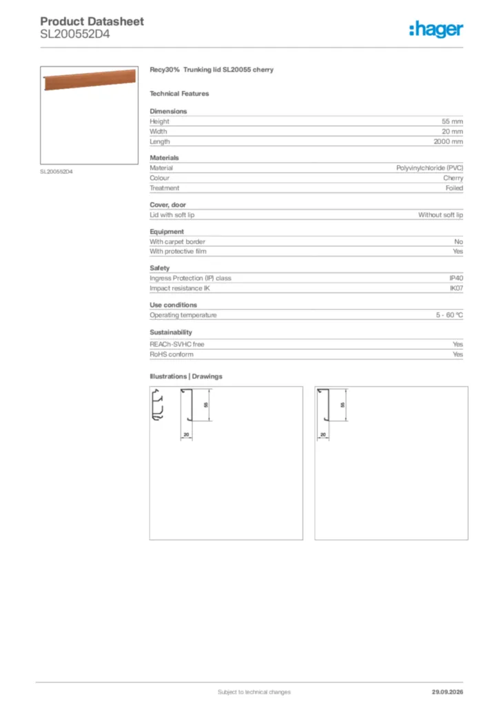 Image Hager Product data sheet SL200552D4  | Hager Africa