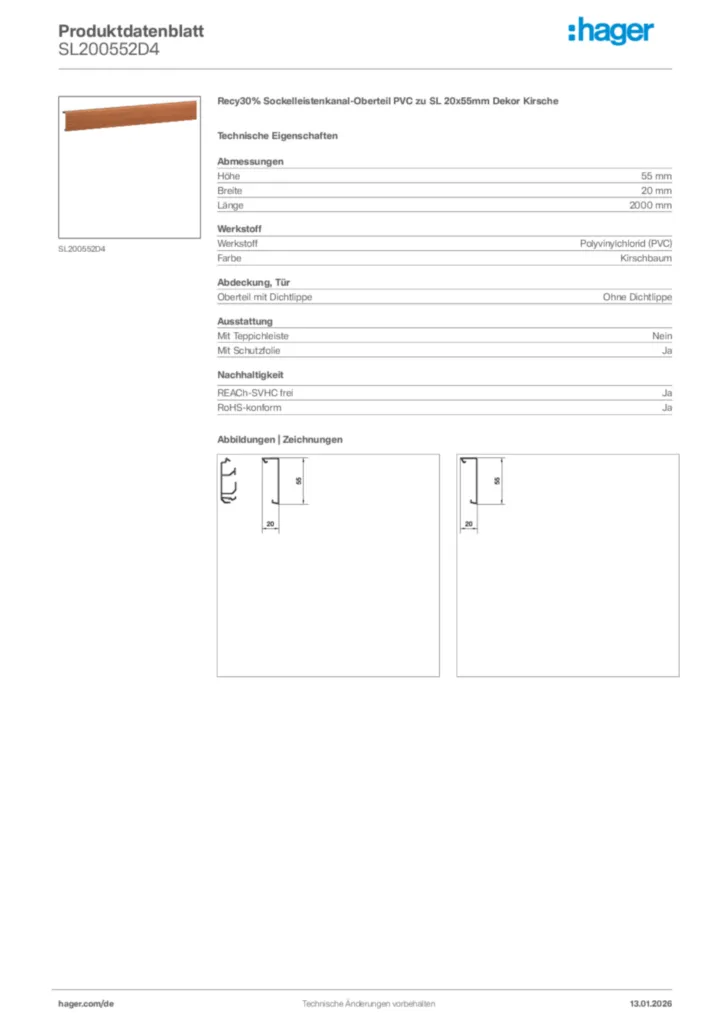 Bild Hager Produktdatenblatt SL200552D4 | Hager Deutschland